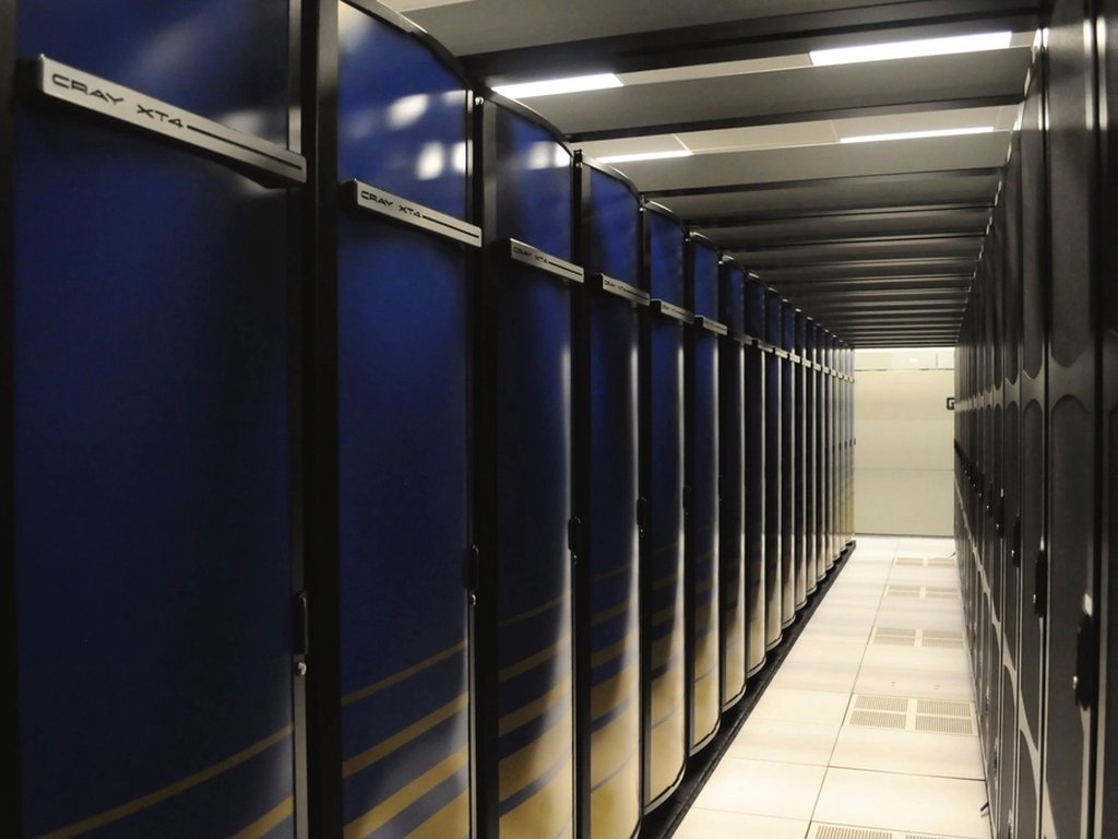 A long corridor of supercomputers in a data centre.
