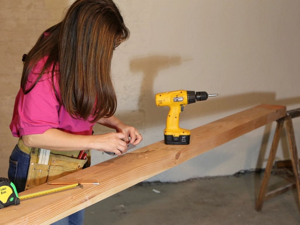 A woman marking a plank of wood, with a drill and a tape measure beside her.