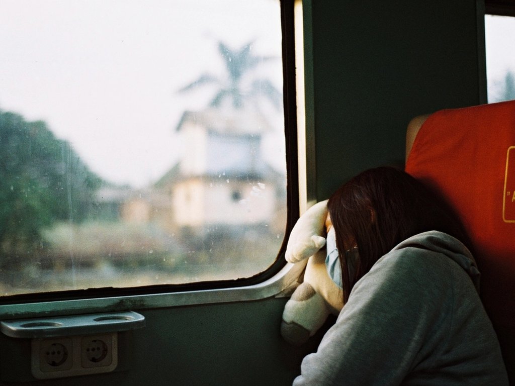 A passenger asleep against a train window, leaning on a soft toy.